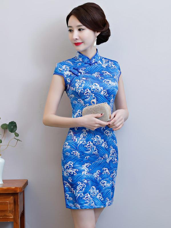 National Beauty  Tie-Dyed Stand Collar Short Cheongsam