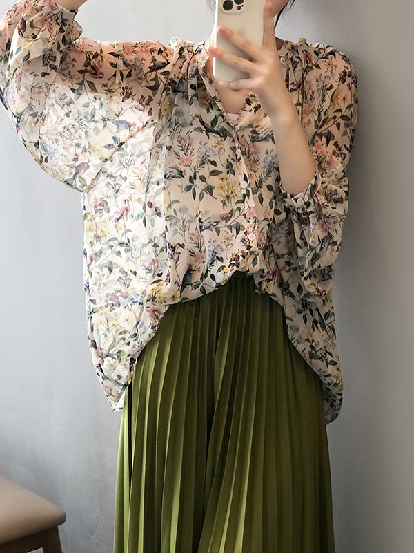 Urban Multi-Colored Floral Printed Puff Sleeves Chiffon Blouse