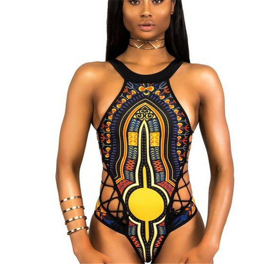 Women's jumpsuit multi-rope national style print zippered ONE-PIECE SWIMSUIT