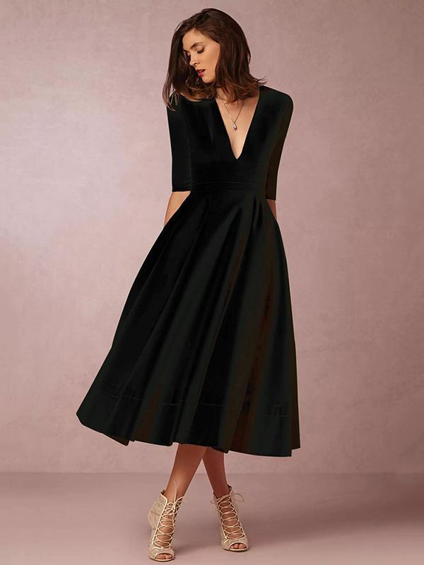 Solid Color V-neck Half Sleeves Evening Dresses