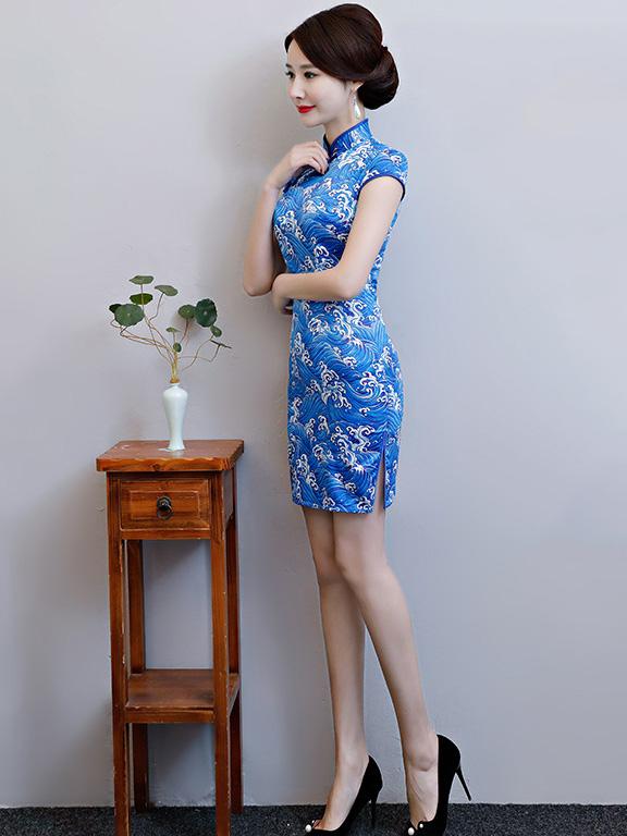 National Beauty  Tie-Dyed Stand Collar Short Cheongsam