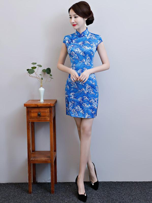 National Beauty  Tie-Dyed Stand Collar Short Cheongsam