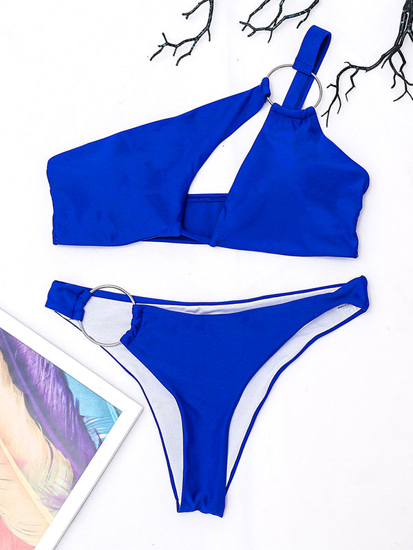 Blue Hollow One-Shoulder Bikini Swimsuit