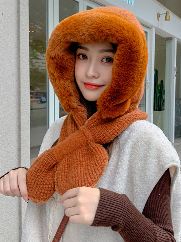 Casual Warm Solid Color With Scarf Knitted Hat