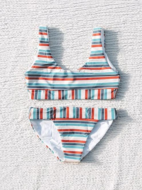 Fashion Striped Wide Strap Bikini Swimsuit