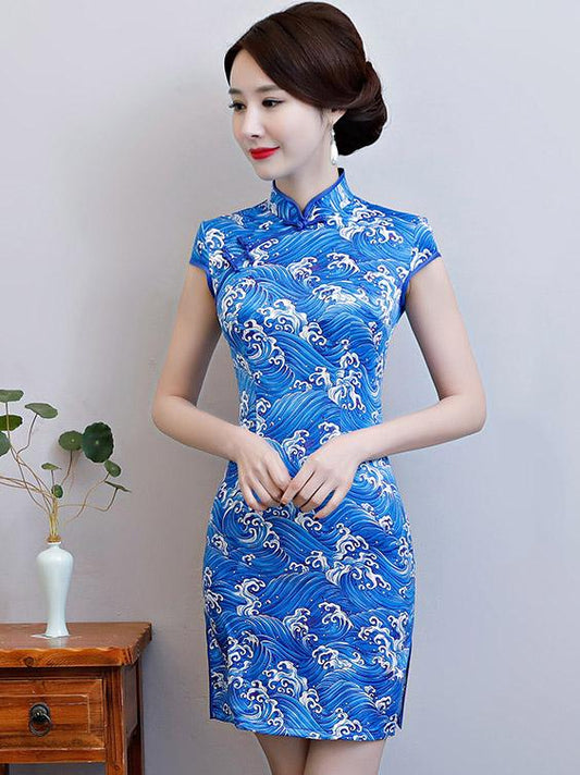 National Beauty  Tie-Dyed Stand Collar Short Cheongsam