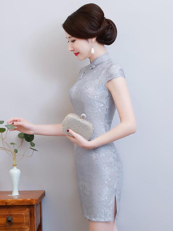 Gray Lace Split-side Short Cheongsam