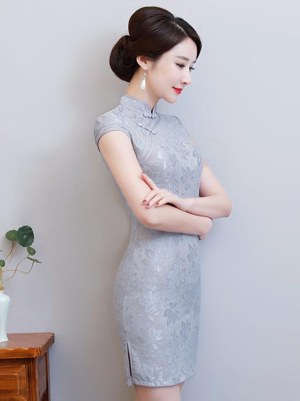 Gray Lace Split-side Short Cheongsam