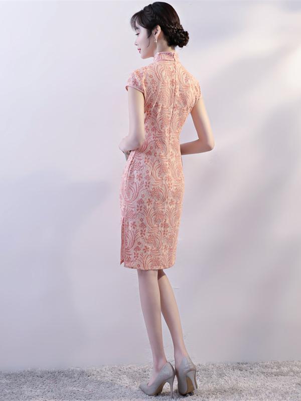 Pink Lace Stand-collar Split-side Short Cheongsam