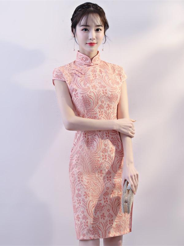 Pink Lace Stand-collar Split-side Short Cheongsam