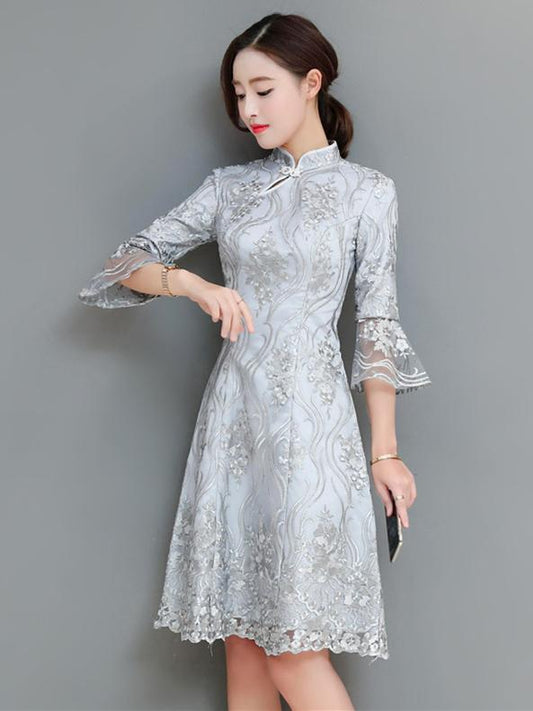 Gray Lace Flared Sleeves Short Cheongsam