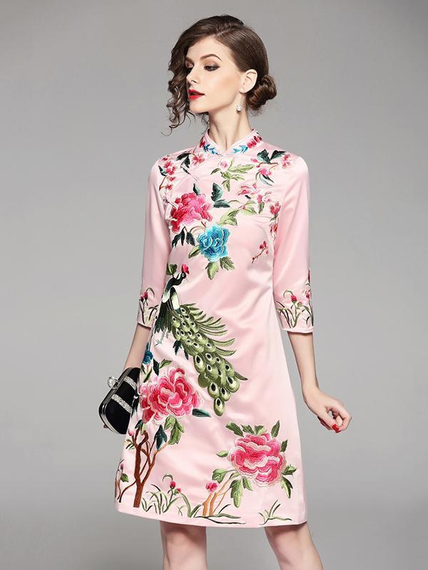 Traditional Chinese Short Dress in Pink Color with Flower and Bird Print