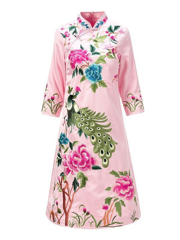 Traditional Chinese Short Dress in Pink Color with Flower and Bird Print