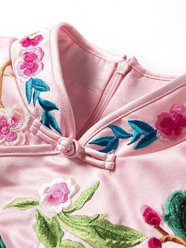 Traditional Chinese Short Dress in Pink Color with Flower and Bird Print