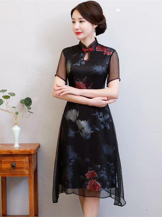 Black Peony Print Split-side Short Cheongsam