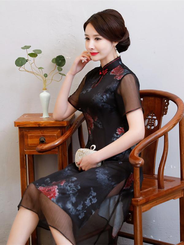 Black Peony Print Split-side Short Cheongsam