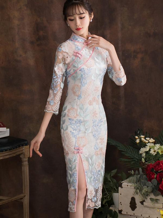 Elegant Lace Cheongsam Midi Dress