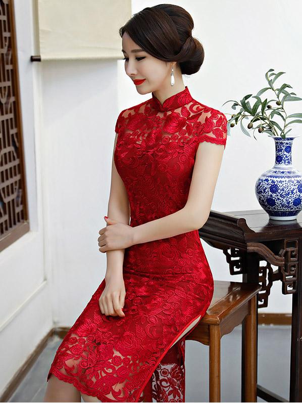 Red Lace See-through Split-side Short Cheongsam