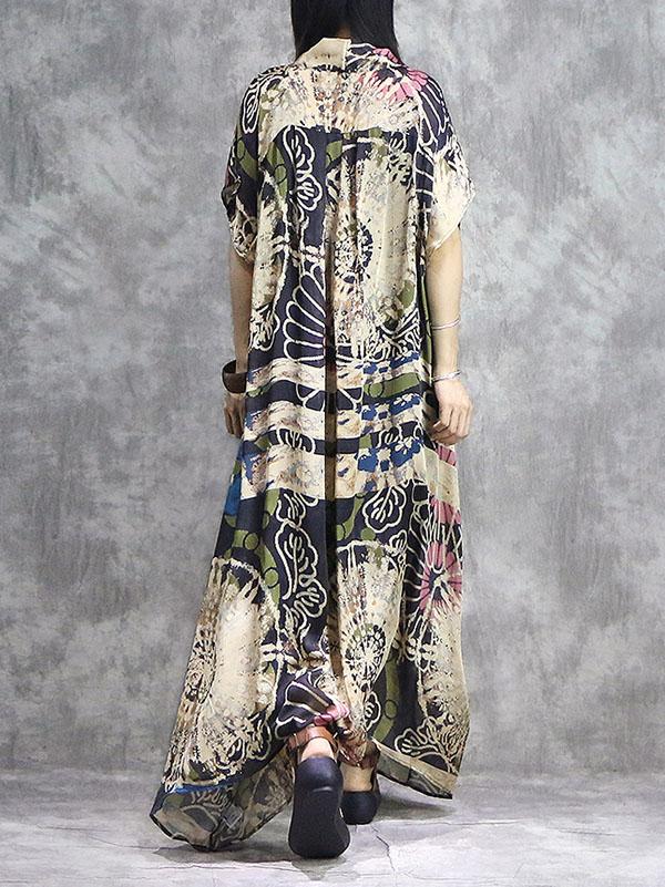 Vintage Silk V-neck Printed Dress+ Braces Vest