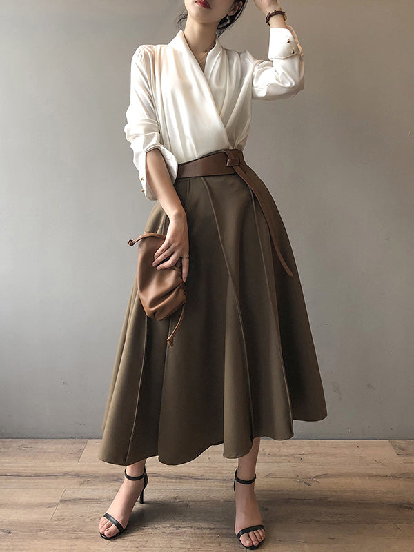 Simple Loose Solid Color Pleated A-Line High-Waist Long Skirt