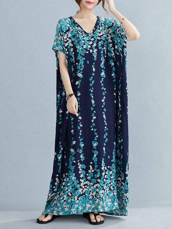 Original Floral Printed Loose V-Neck Batwing Sleeves Maxi Dress