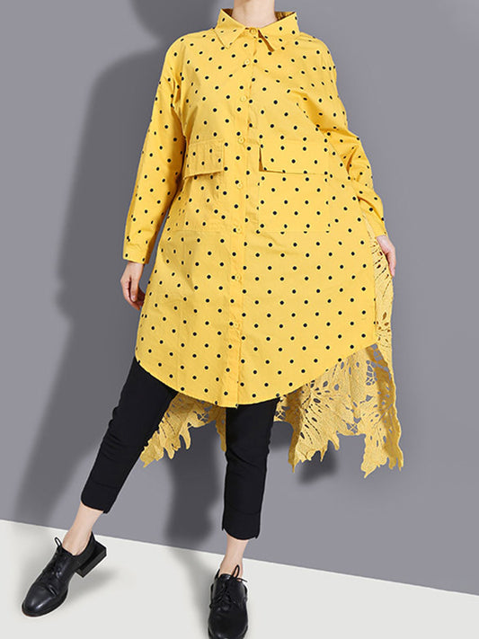 Stylish Split-Joint Polka-Dot Hollow Buttoned Lapel Collar Loose Shirt Dress