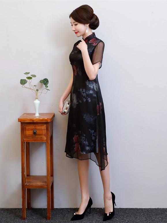 Black Peony Print Split-side Short Cheongsam