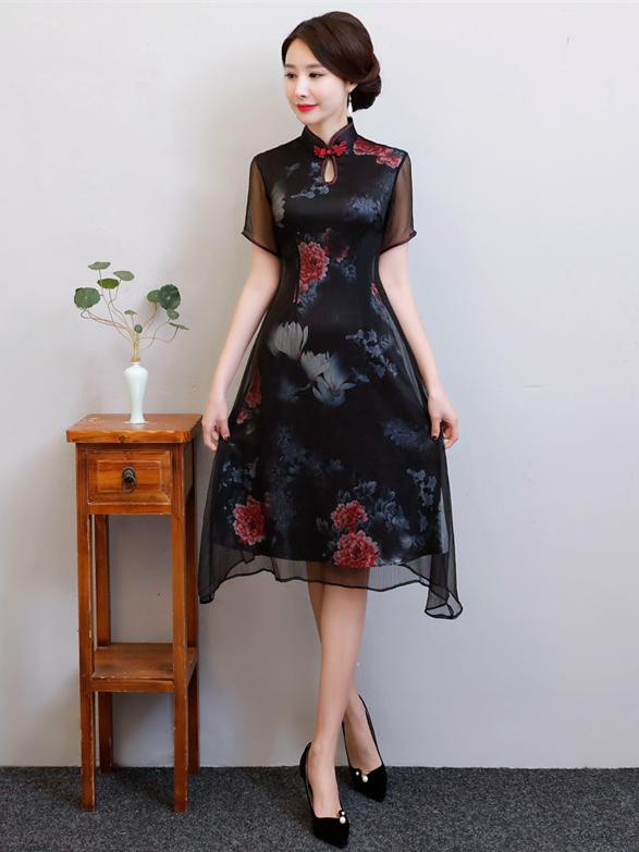 Black Peony Print Split-side Short Cheongsam