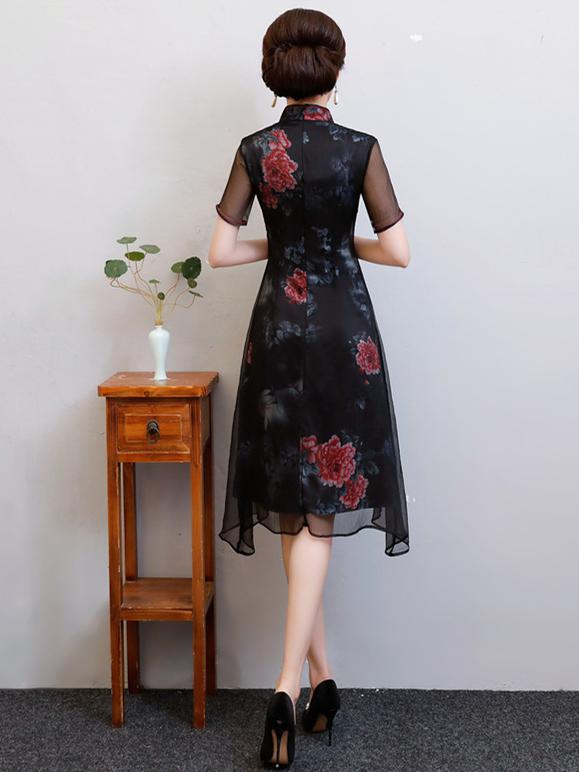 Black Peony Print Split-side Short Cheongsam