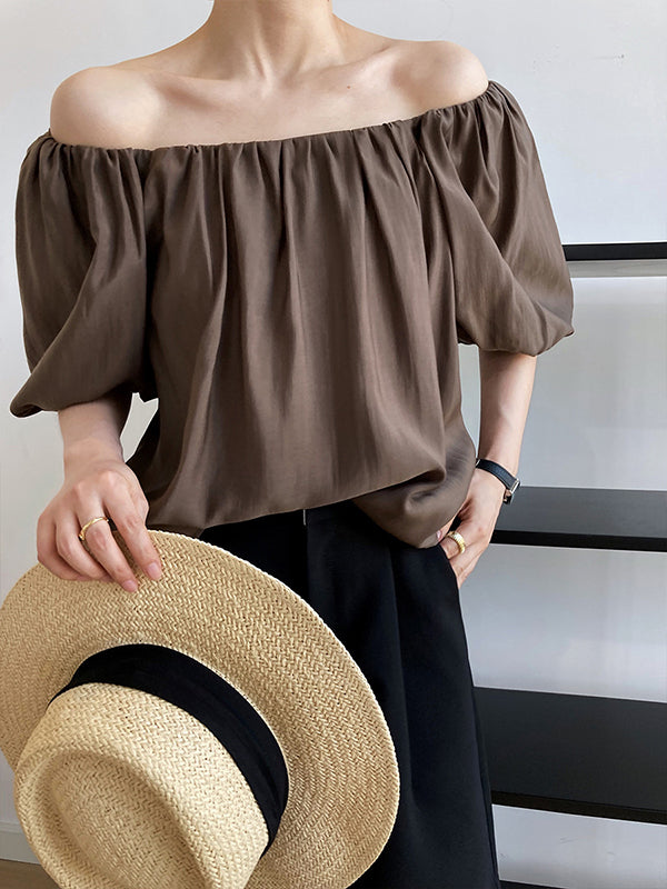 Original Off-The-Shoulder Solid Color Pleated Puff Sleeves Tunic Top