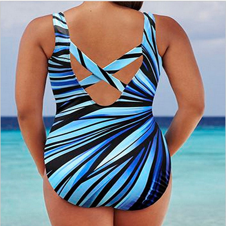 Oversized Feipo Stripe Print and fat all ONE-PIECE SWIMSUIT