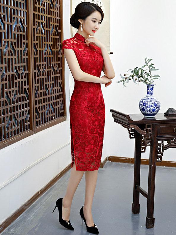 Red Lace See-through Split-side Short Cheongsam