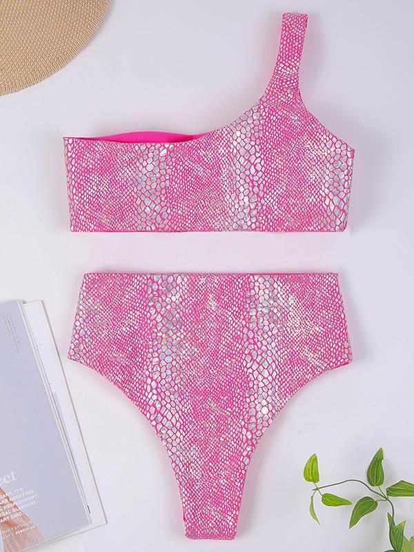 One-Shoulder Snake-Print Split Bikini Swimsuit