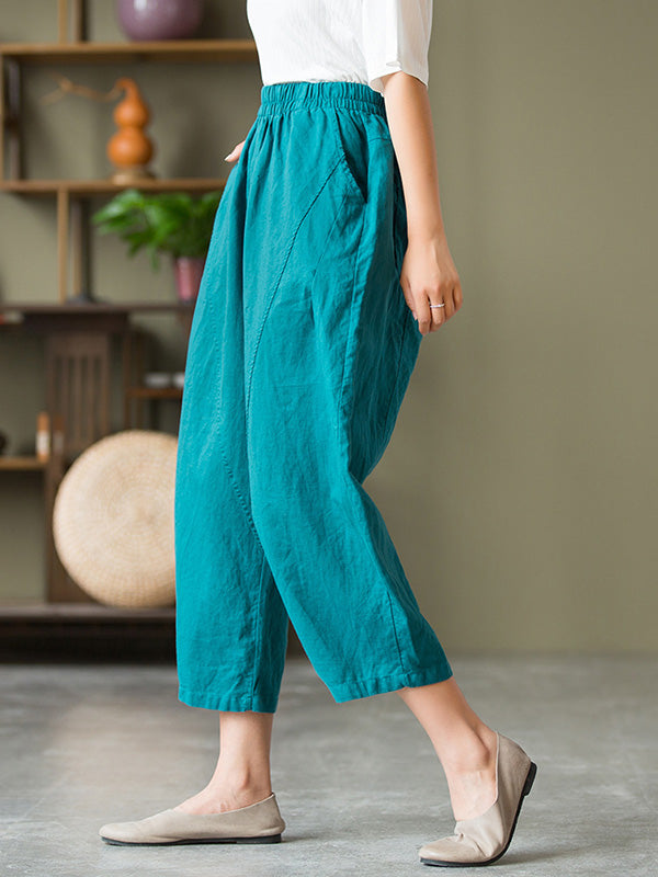 Simple Loose Linen Solid Color Split-Joint Pleated Drawstring Casual Pants