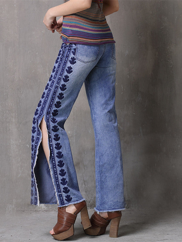 Women Embroidery Trousers S-L Denim Side slit Tassels Jeans