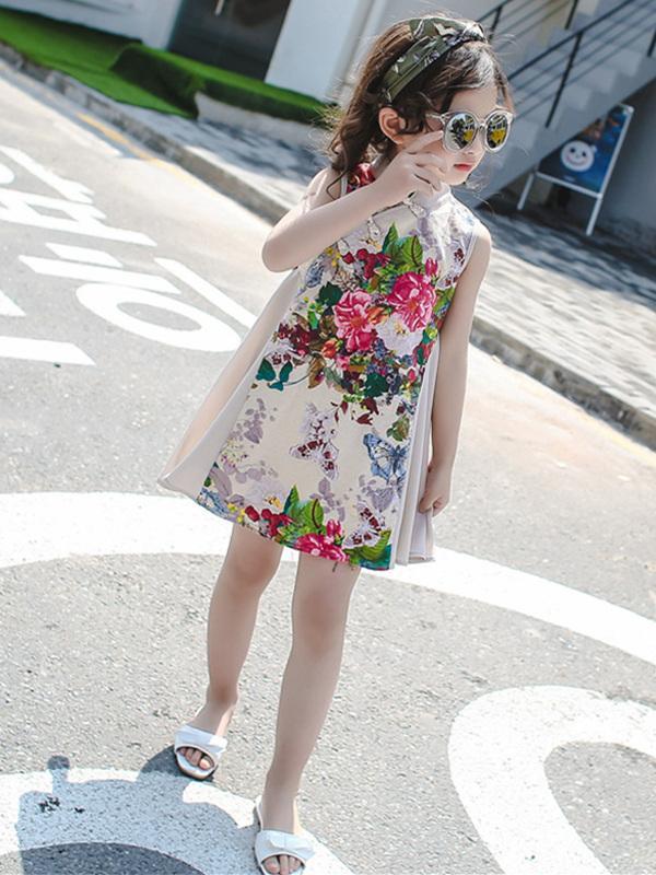 Floral Printed Sleeveless Kids Cheongsam