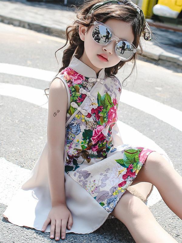 Floral Printed Sleeveless Kids Cheongsam