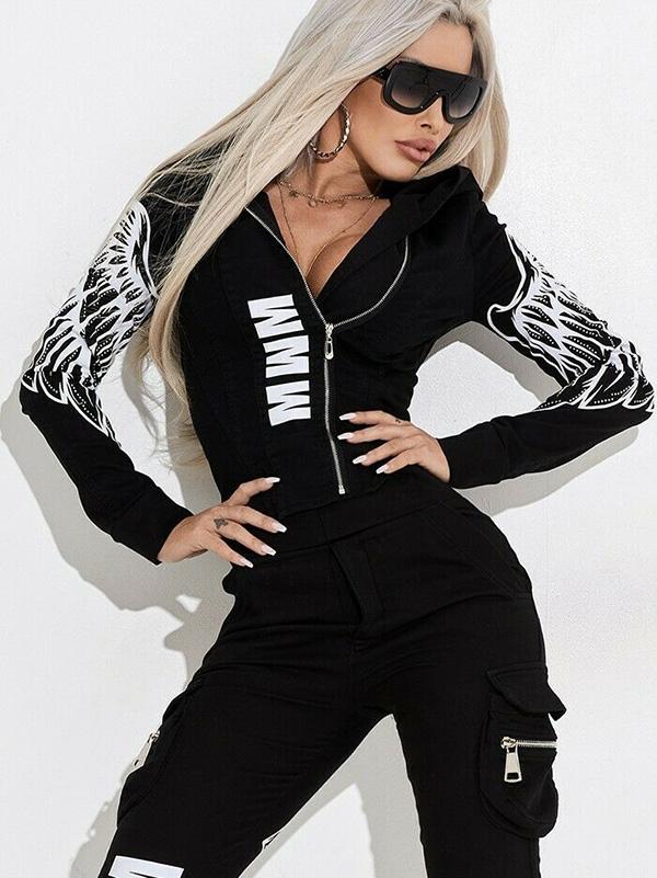 Wing Printed Hooded Zipper Jackets And Pants Suits