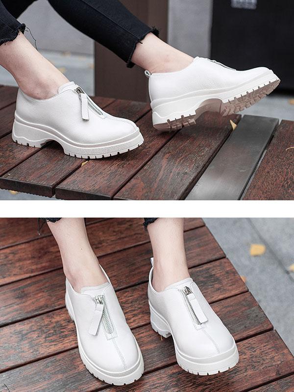 Leather Round Head Zipper Flats Shoes