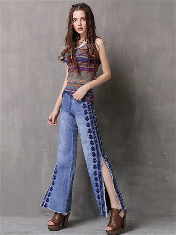 Women Embroidery Trousers S-L Denim Side slit Tassels Jeans