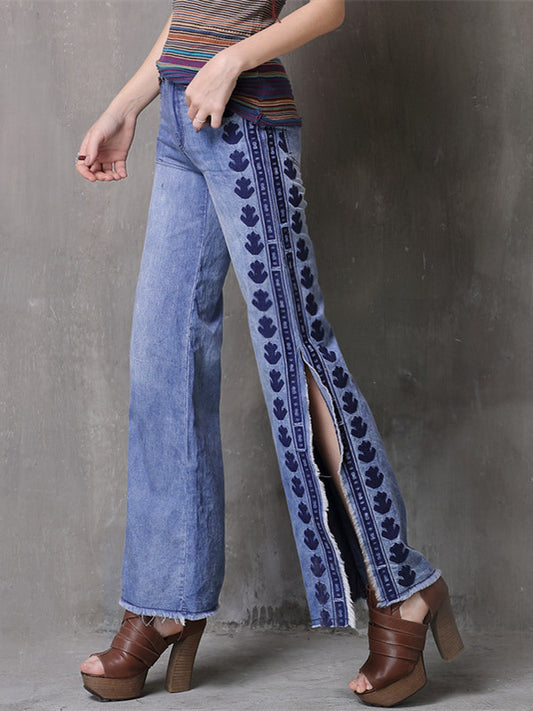 Women Embroidery Trousers S-L Denim Side slit Tassels Jeans