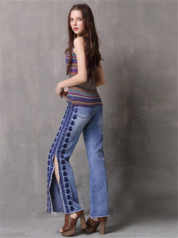 Women Embroidery Trousers S-L Denim Side slit Tassels Jeans