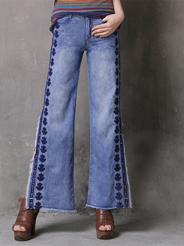 Women Embroidery Trousers S-L Denim Side slit Tassels Jeans