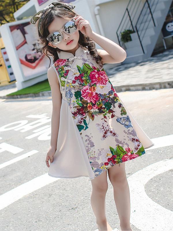 Floral Printed Sleeveless Kids Cheongsam