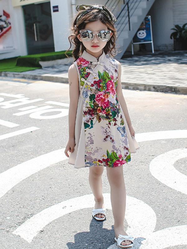 Floral Printed Sleeveless Kids Cheongsam