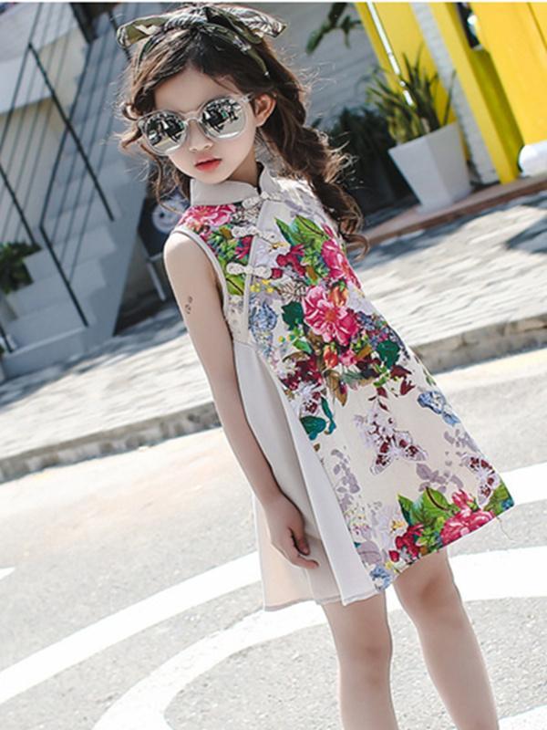 Floral Printed Sleeveless Kids Cheongsam