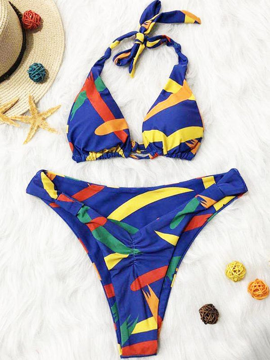 Abstract Printed Triangles Bandage Split Bikini Swimsuit