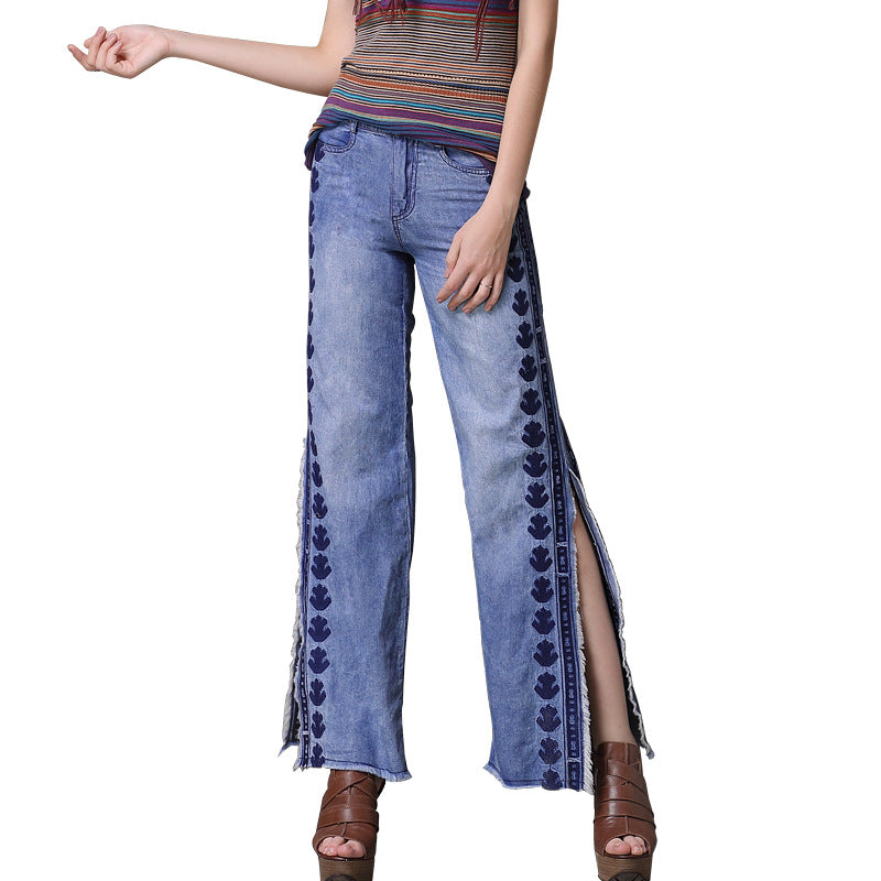 Women Embroidery Trousers S-L Denim Side slit Tassels Jeans