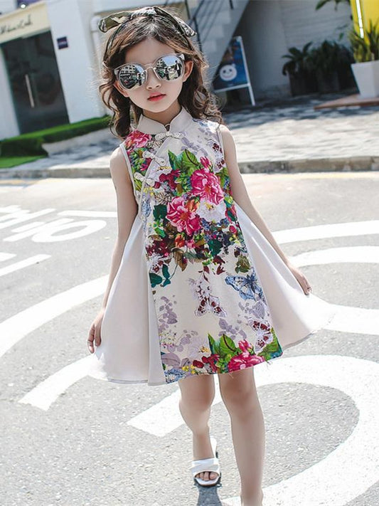 Floral Printed Sleeveless Kids Cheongsam