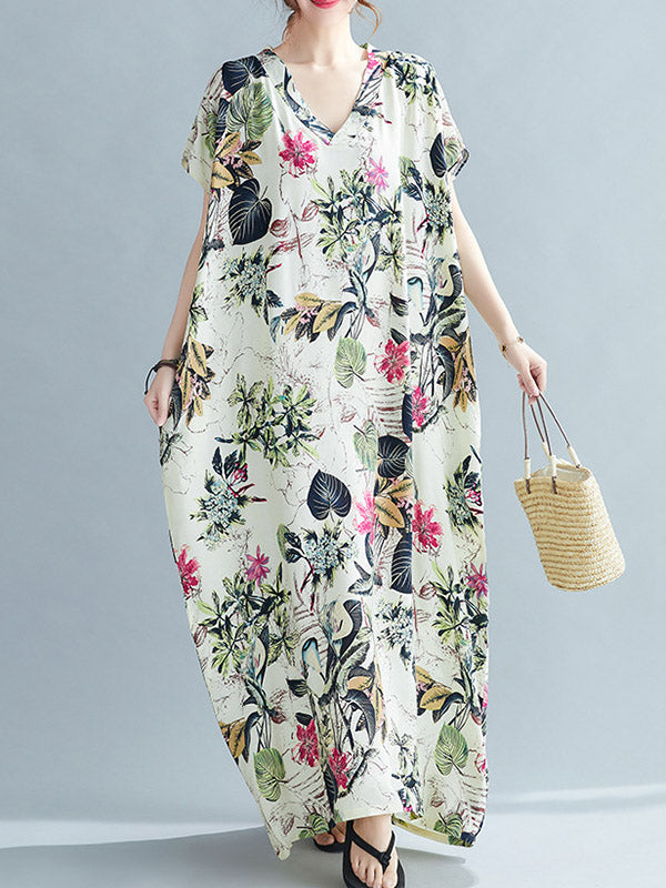 Original Floral Printed Loose Round-Neck Batwing Sleeves Maxi Dress